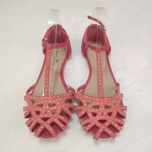 Fairycore Coral Pink Rhinestone Caged Sandals 9W Wide T-Strap Coquette Ethereal